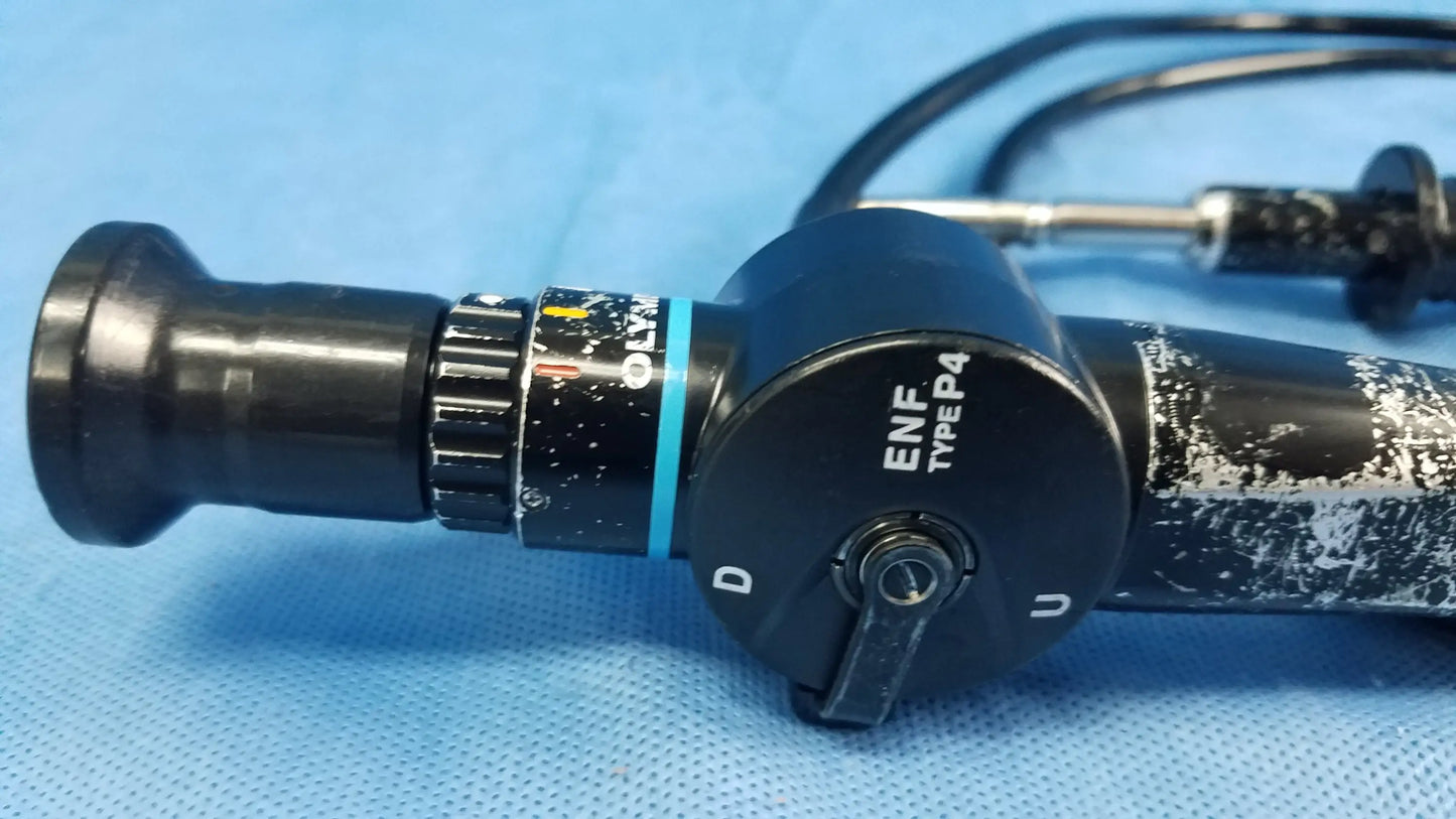 Black Olympus rhino-laryngoscope flexible fiber optic endoscope with textured grip and visible control dial