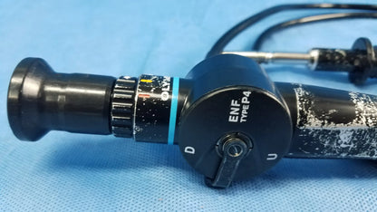 Black Olympus rhino-laryngoscope flexible fiber optic endoscope with textured grip and visible control dial