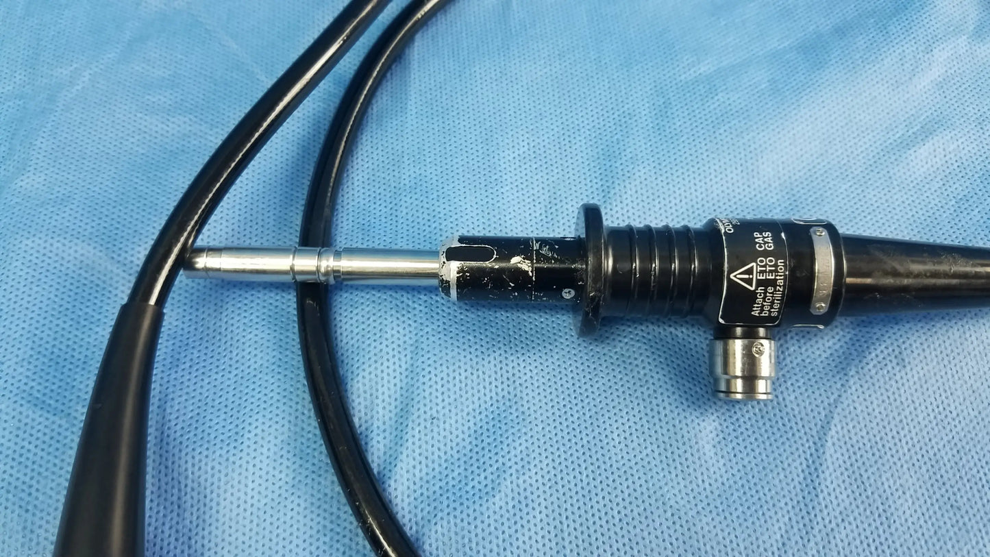 Black Olympus Rhino-Laryngoscope fiberscope fiber optic endoscope with metallic tip and labeled flexible control section