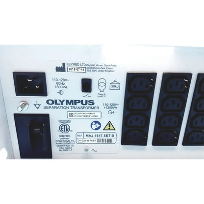 White olympus separation transformer maj-1647 set b with black power input and output sockets shown from the back side