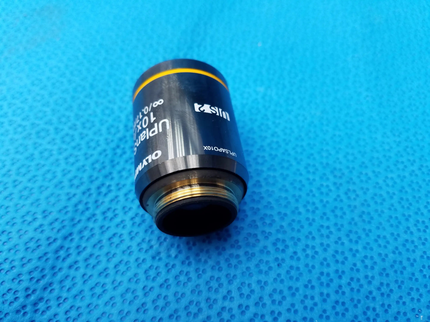 Black olympus uplansapo 10x microscope objective lens with yellow ring and metallic threading compatible olympus model