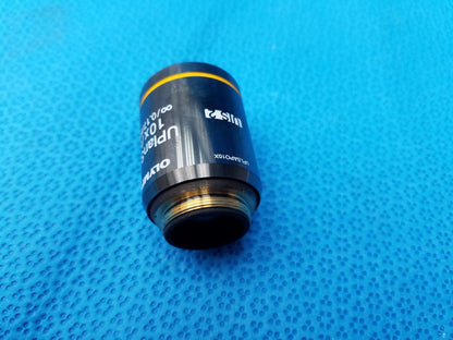 Black olympus uplansapo 10x microscope objective lens with yellow ring and metallic threading compatible olympus model