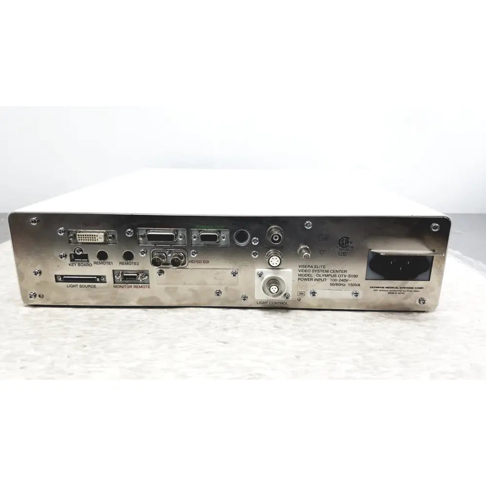 Silver metallic olympus visera elite video system otv-s190 rear view with multiple ports and power input slot