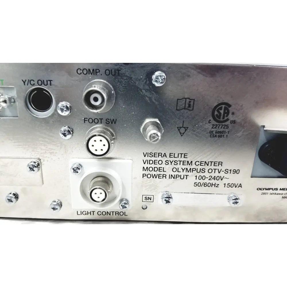 Silver metallic olympus visera elite video system otv-s190 back side showing labeled ports and certification marks