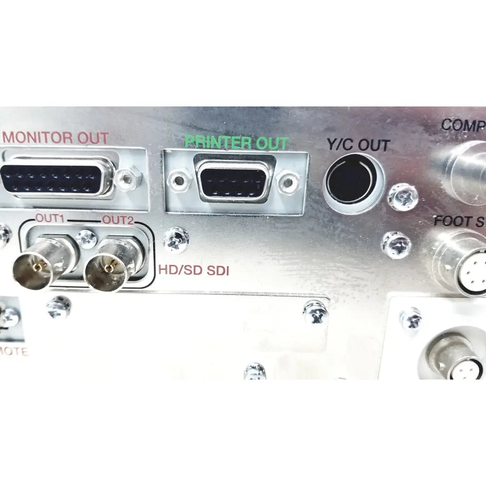 Back side of silver metallic olympus visera elite video system otv-s190 panel with labeled monitor printer and y c out ports