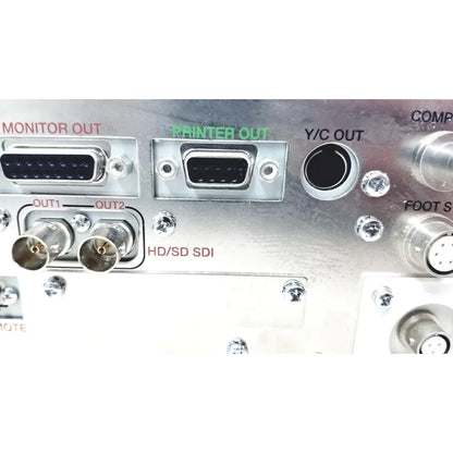 Back side of silver metallic olympus visera elite video system otv-s190 panel with labeled monitor printer and y c out ports