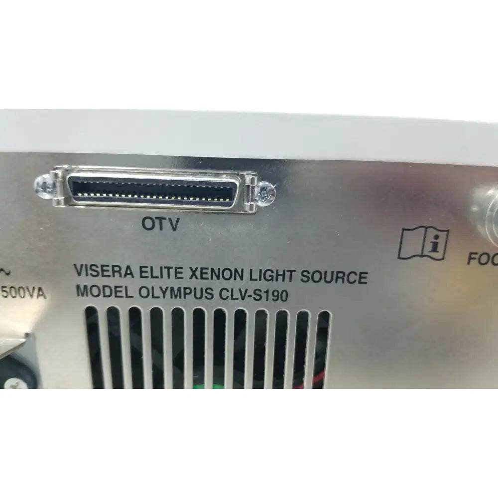 Silver metallic olympus visera elite xenon clv-s190 light source showing back side with d-sub otv connector and ventilation slits
