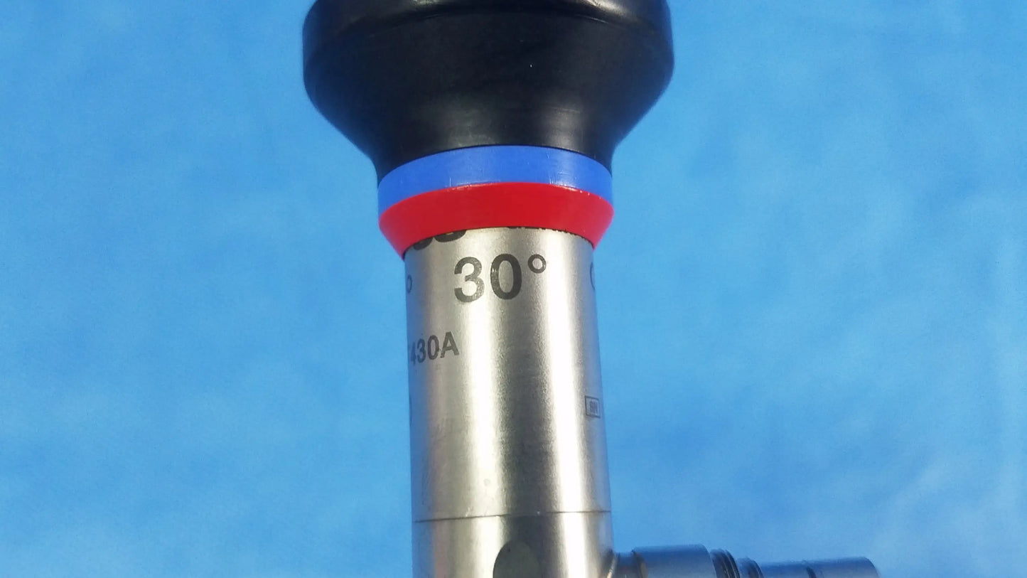 Silver rigid telescope with black handle and red blue bands marked 30° wa2t430a from olympus oes elite series