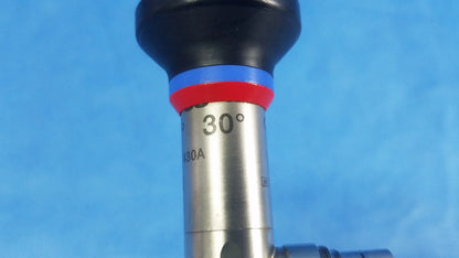Silver rigid telescope with black handle and red blue bands marked 30° wa2t430a from olympus oes elite series