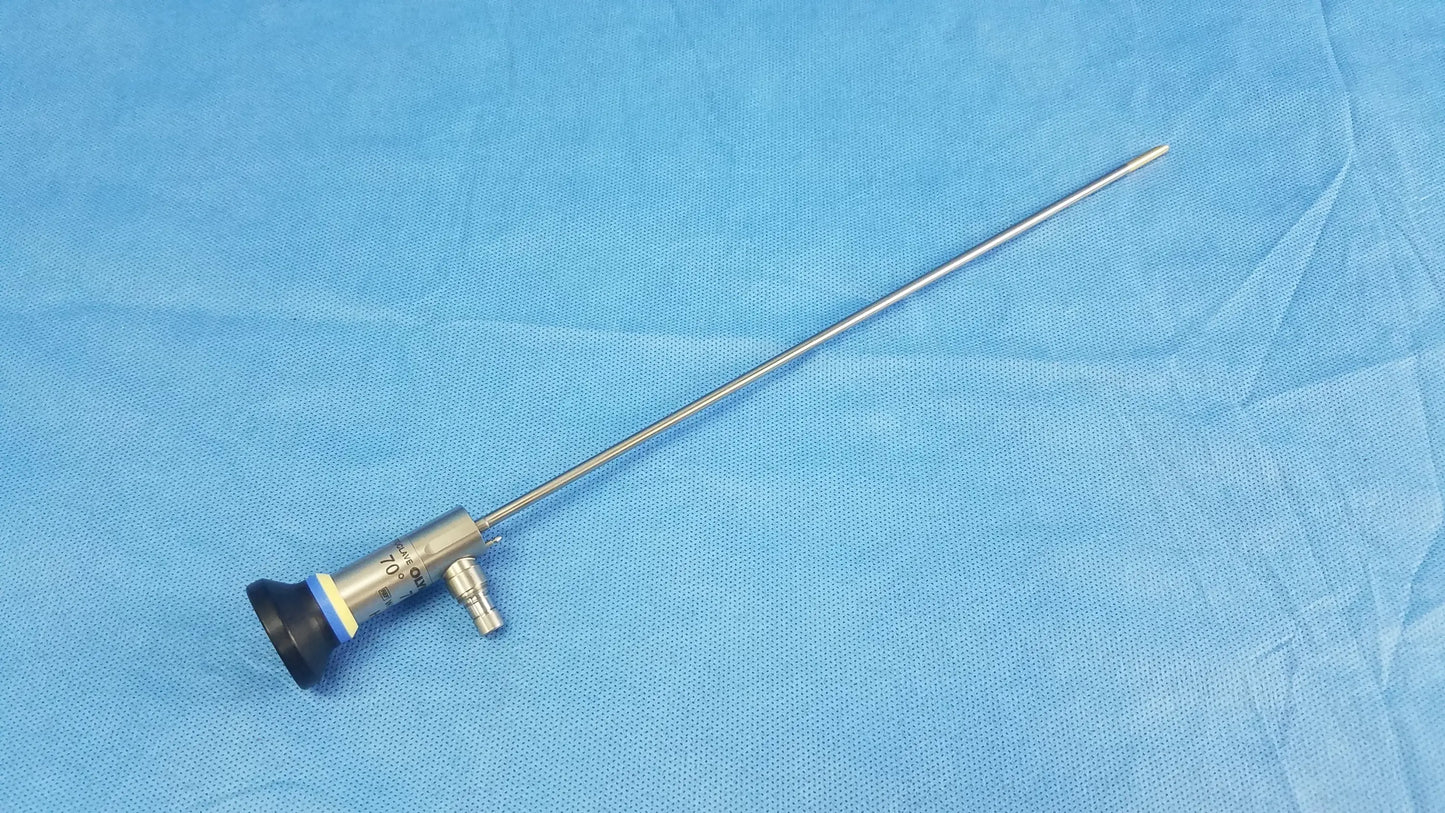 Silver surgical oes elite wa2t470a rigid telescope with black and blue rubberized handle and long metallic shaft