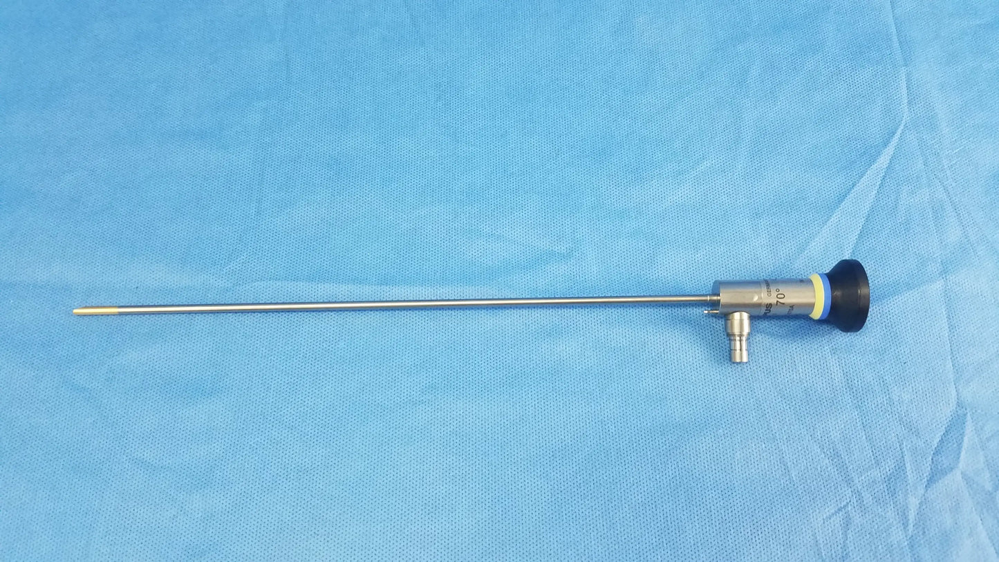 Silver oes elite wa2t470a rigid telescope with black handle and yellow accent ring designed for surgical use