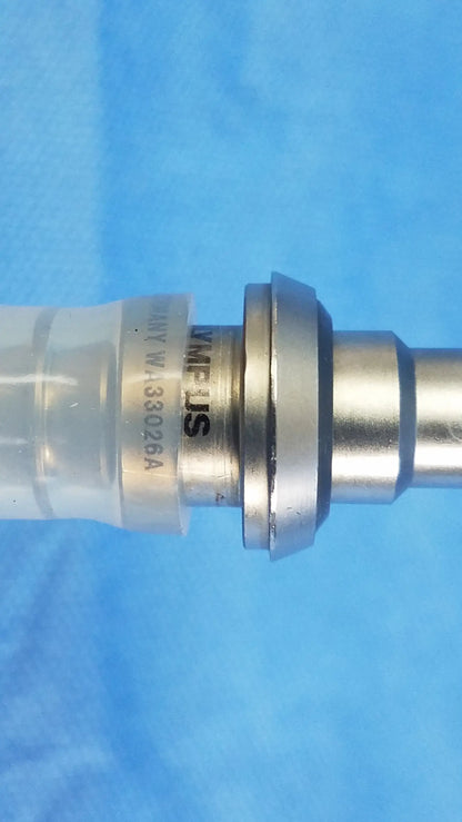 Silver metallic evacuation adapter with transparent housing and engraved markings compatible Olympus WA33026A outer sheath