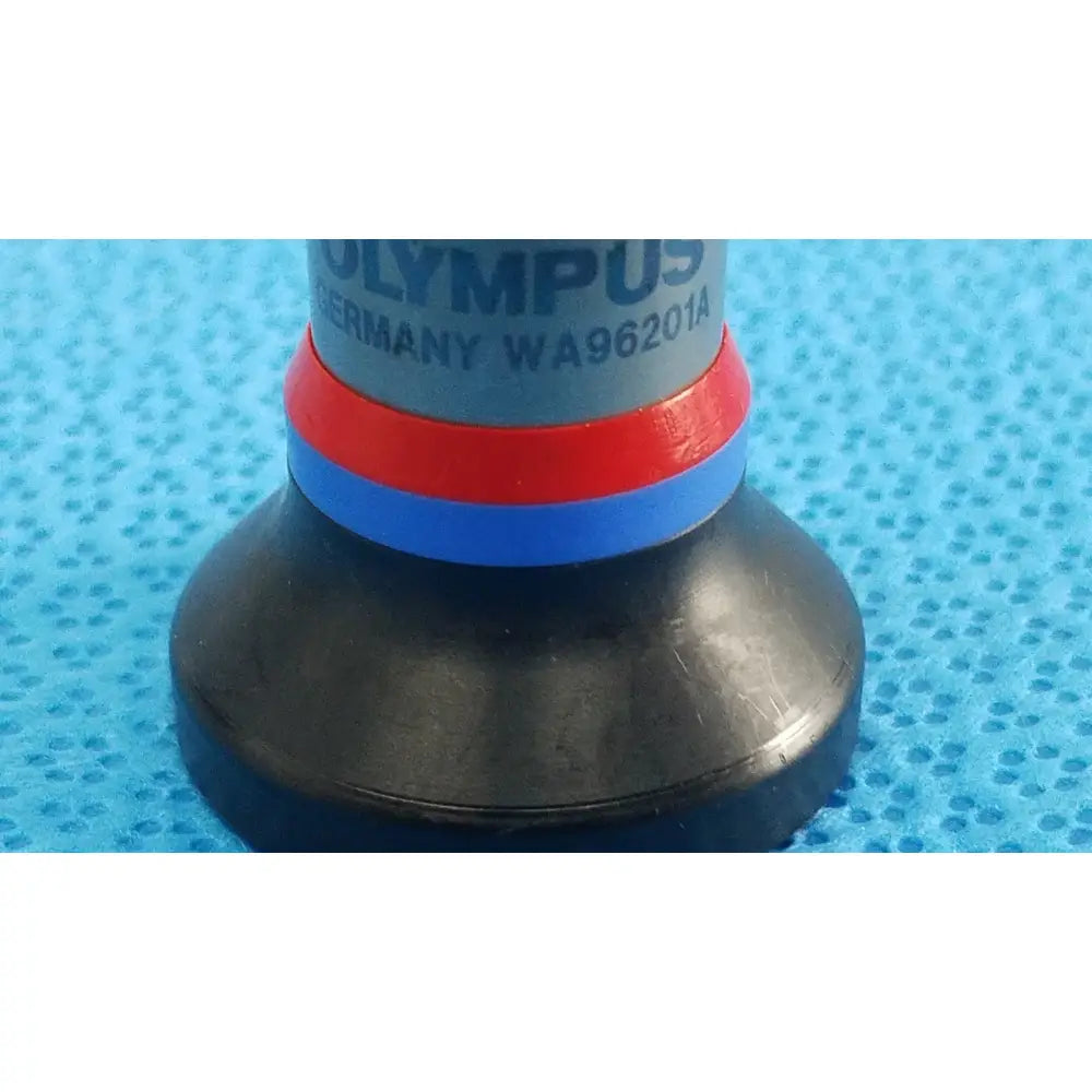 Black rubber suction cup with red and blue bands on gray cylinder of olympus wa96201a autoclavable ent sinuscope