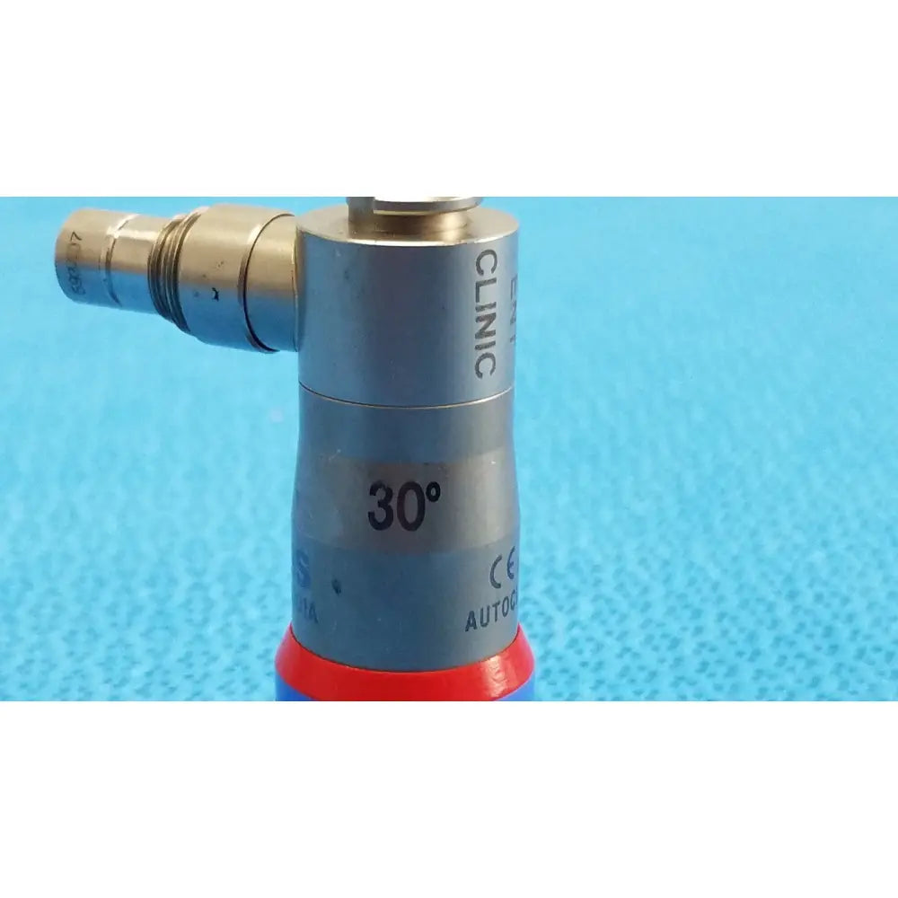 Silver metallic autoclavable ent sinuscope wa96201a with 30 degree angled tip and red blue plastic end caps by olympus