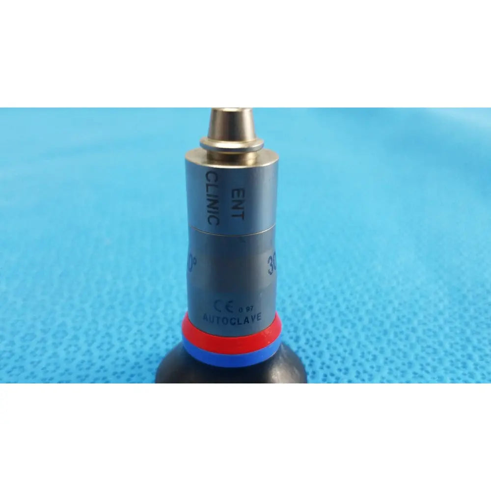 Silver metallic olympus wa96201a autoclavable ent sinuscope handpiece with red and blue rubber seal and engraved markings