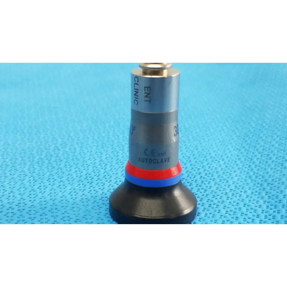 Silver and black autoclavable ent sinuscope valve with red and blue bands labeled clinic ent and ce mark olympus wa96201a