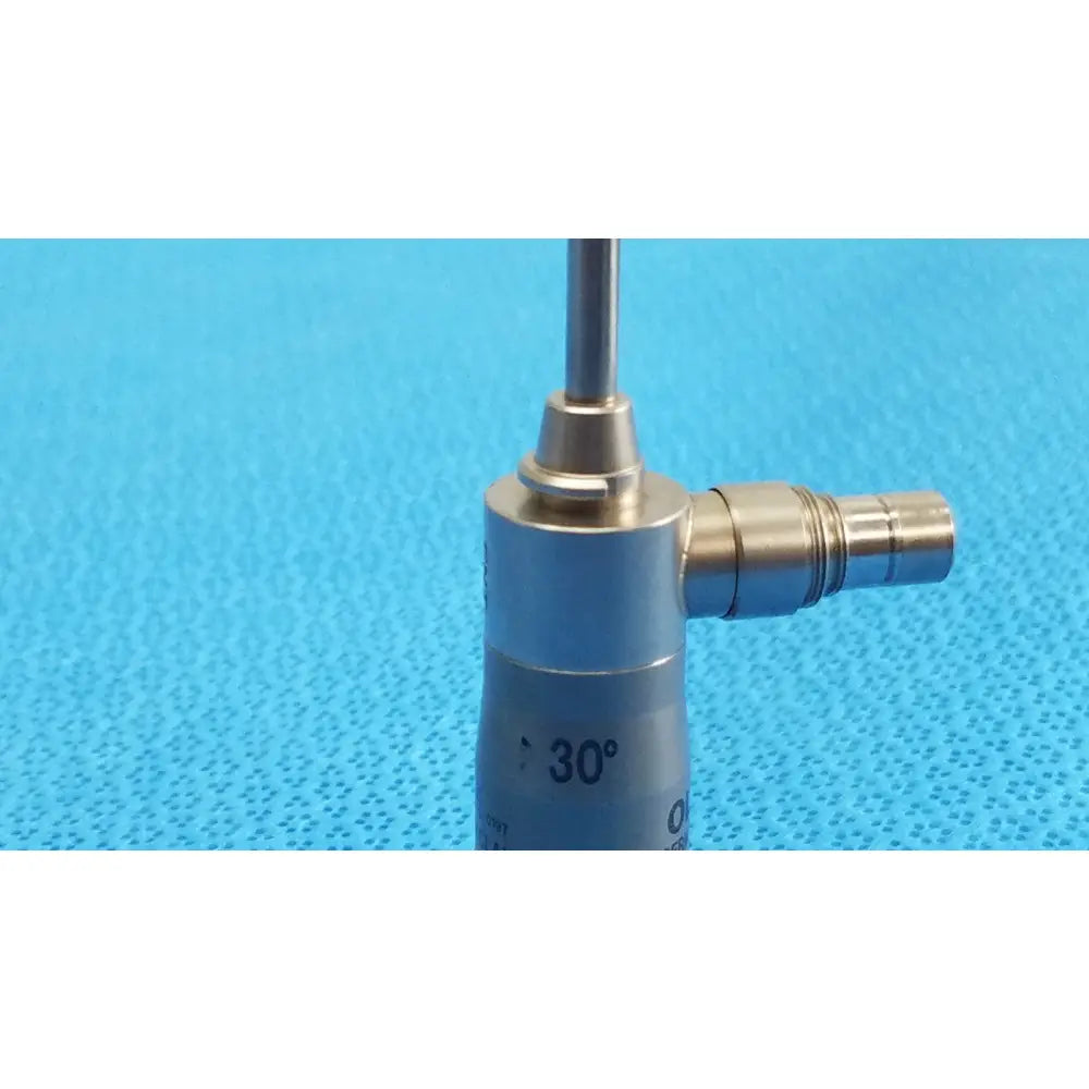 Silver-colored olympus wa96201a autoclavable ent sinuscope with cylindrical body marked 30° and slender metallic shaft