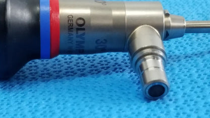 Silver surgical autoclavable ent sinuscope with black handle and red blue bands marked olympus germany 30 wa96201a