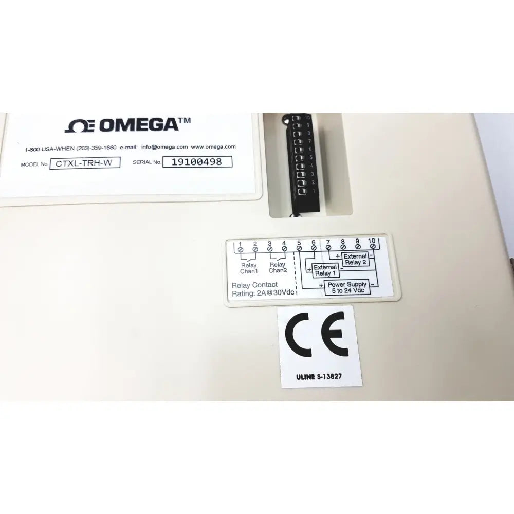 Omega ctxl-trh-w temperature and humidity chart recorder control panel with black relay module and labeled terminal strip