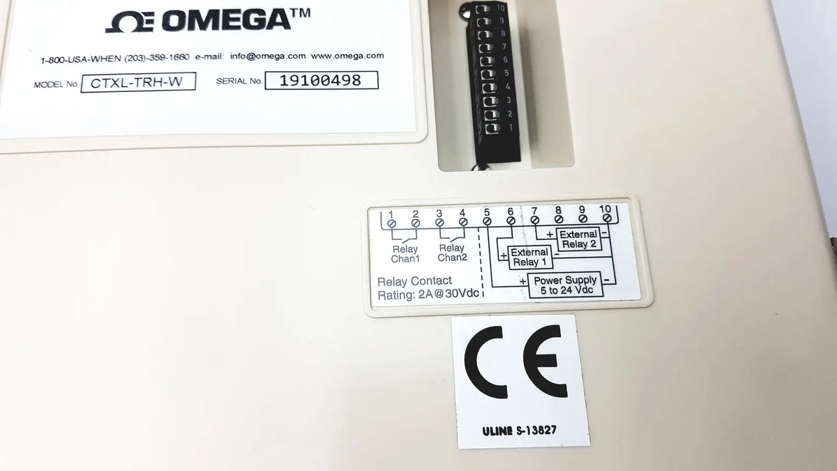 Omega ctxl-trh-w temperature and humidity chart recorder control panel with black relay module and labeled terminal strip