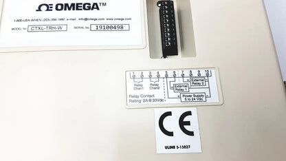 Omega ctxl-trh-w temperature and humidity chart recorder control panel with black relay module and labeled terminal strip