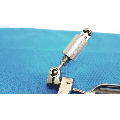 Silver surgical support arm with textured grip and articulated joint for stable surgical retraction use