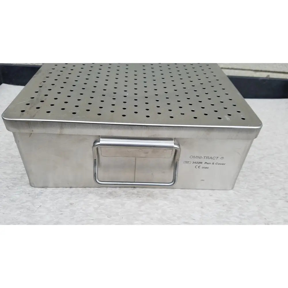 Silver stainless steel omni tract 3422r sterilization tray with perforated lid and integrated handle labeled omni-tract 342rr pan and cover