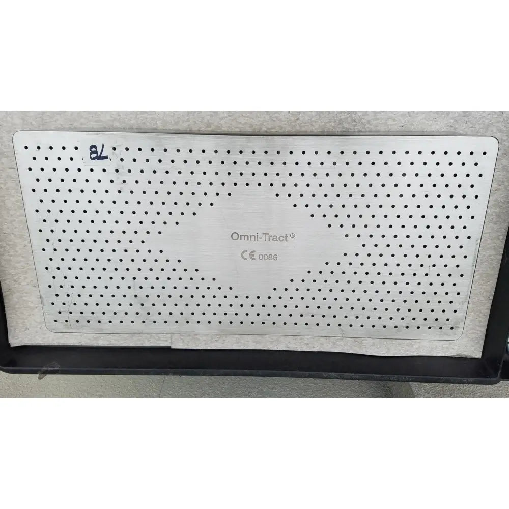 Silver perforated stainless steel drain hole pan with omni tract 3422r branding and ce certification marking