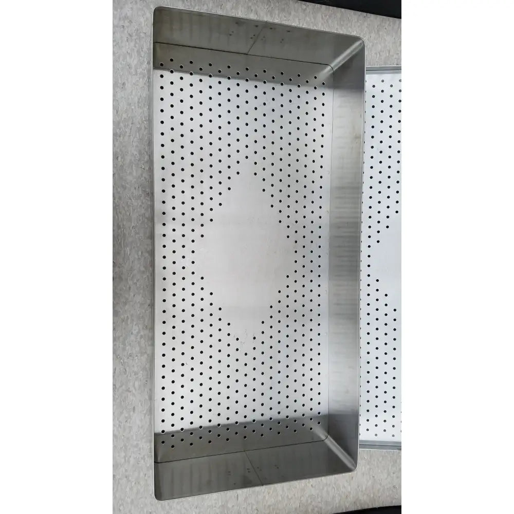 Rectangular stainless steel perforated baking pan with drain holes for sterilization tray tract 3422r omni tract 3422r