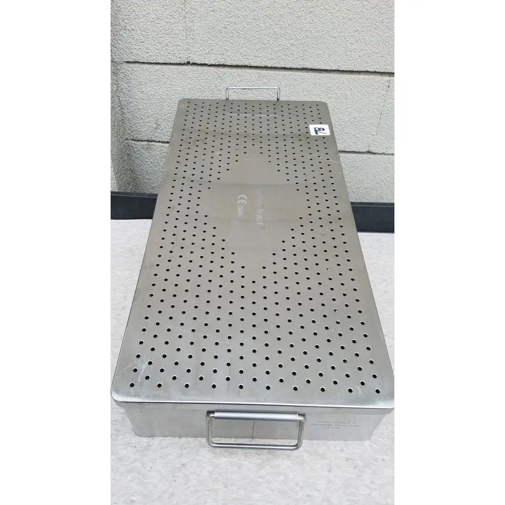 Omni tract 3422r stainless steel perforated surgical instrument box with drain holes and handles on top and bottom