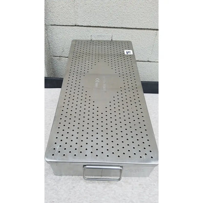 Omni tract 3422r stainless steel perforated surgical instrument box with drain holes and handles on top and bottom