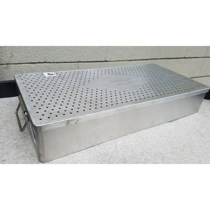 Silver perforated metal surgical instrument box with handle in omni tract 3422r stainless steel drain hole sterilization tray
