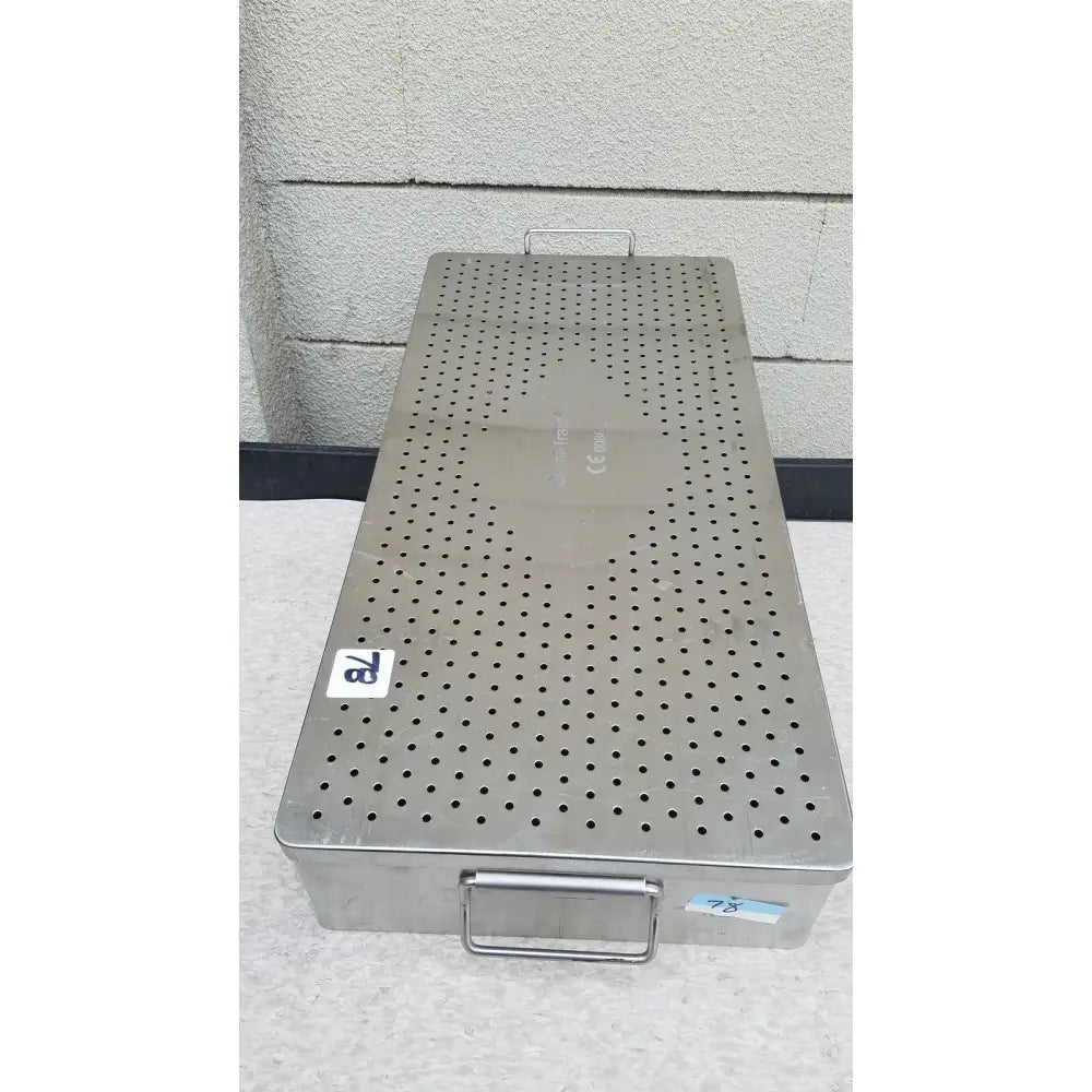Stainless steel surgical instrument tray with perforated lid and handle omni tract 3422r sterilization tray