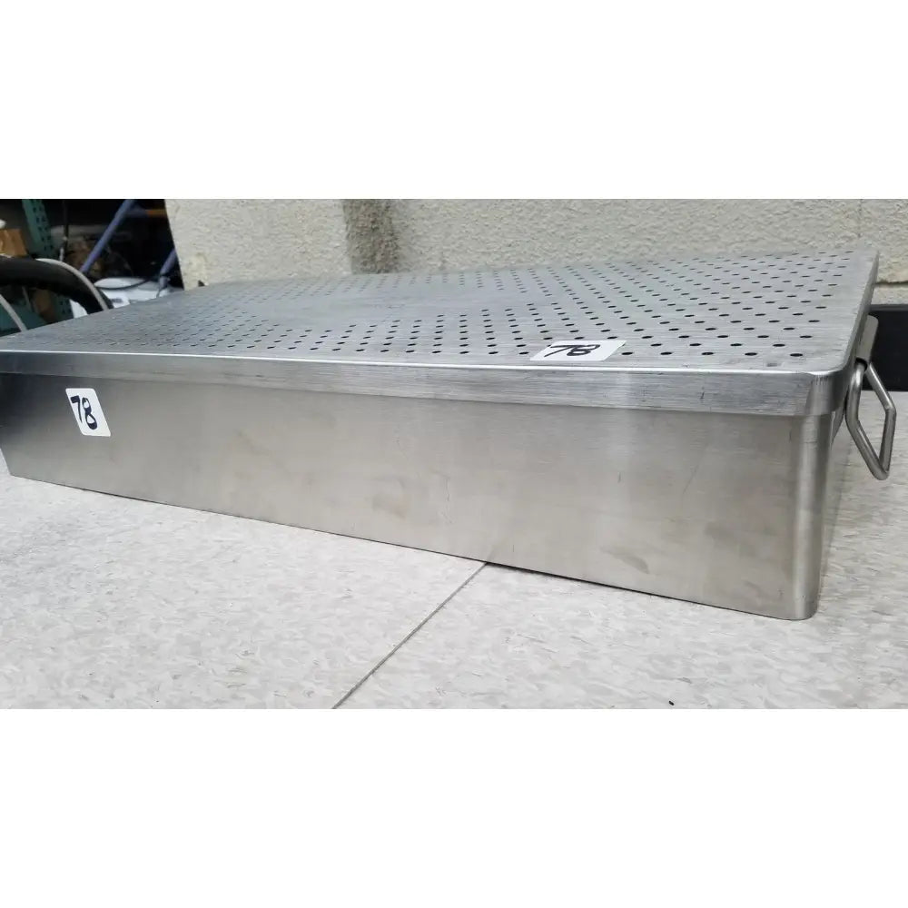 Stainless steel rectangular container with perforated lid and handles omni tract 3422r sterilization tray