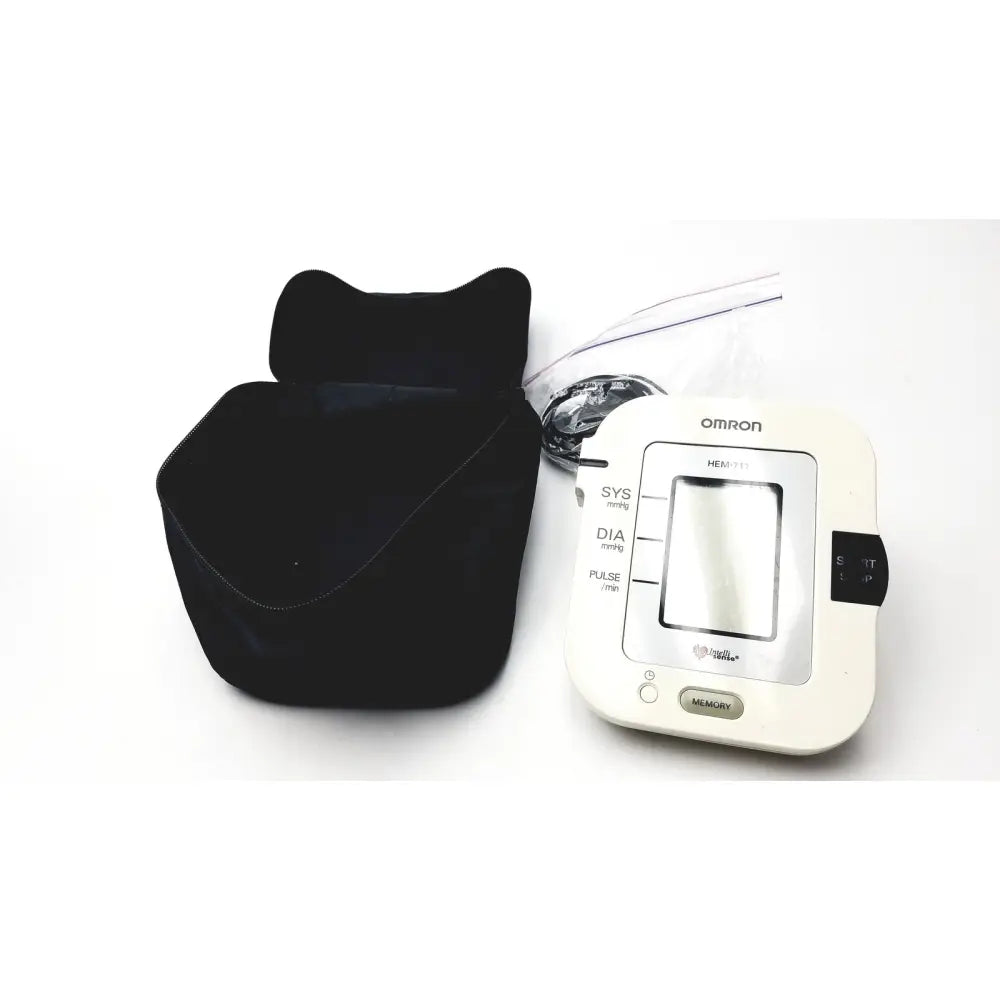 White omron advanced blood pressure upper arm monitor with black cat-shaped carrying case and retail box