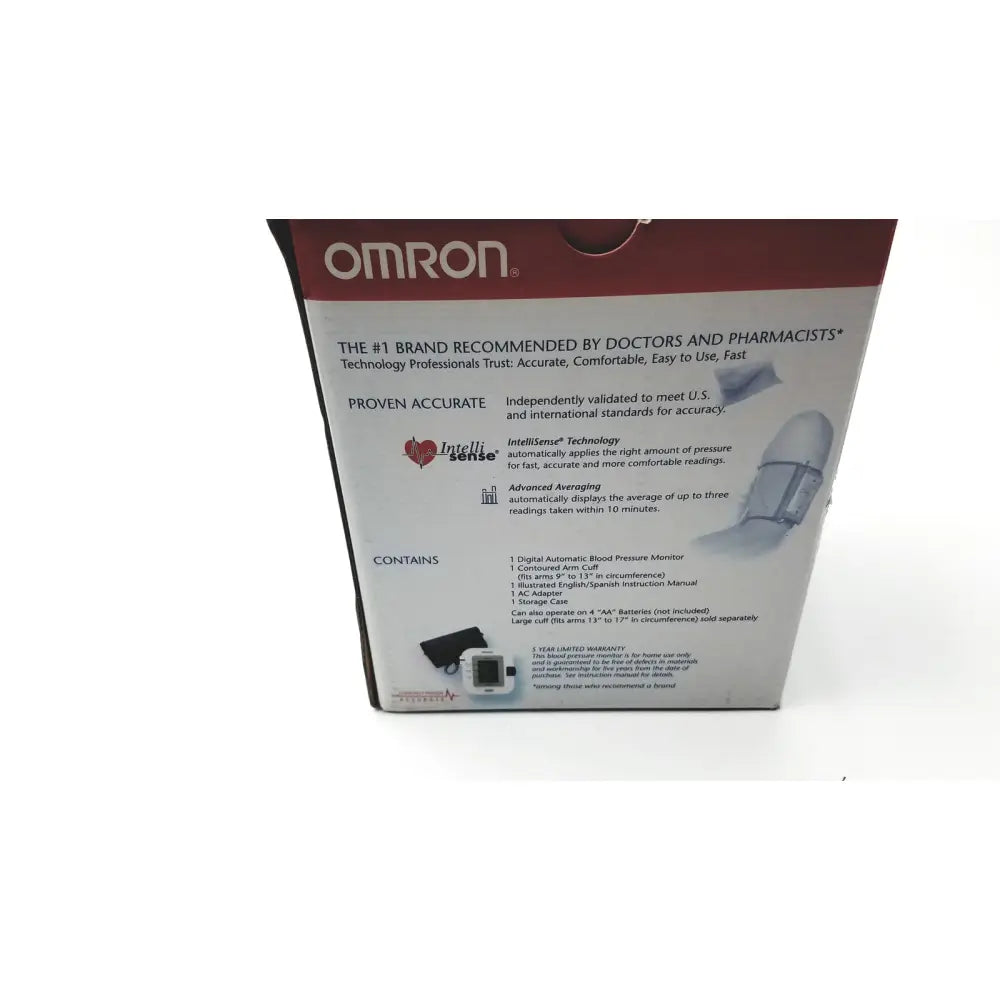 Omron advanced blood pressure monitor model HEM-711AC in white maroon box with digital cuff and accessories