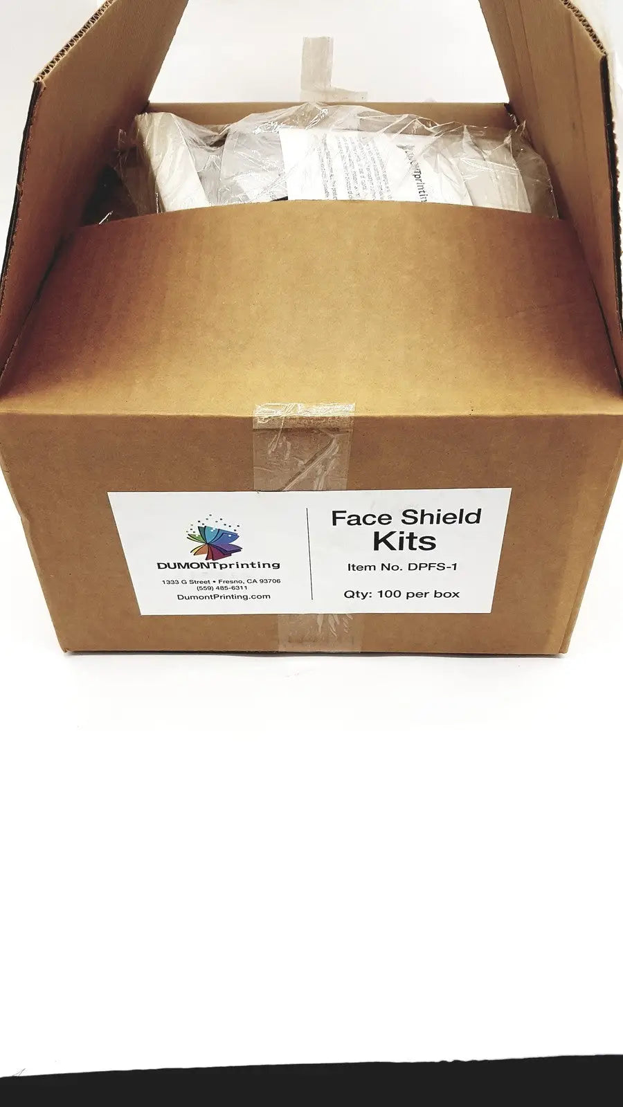 Reuse Medical One box of Dumont Printing Adjustable Face Shield Kits FS-1 - Qty 100 Per Box Face Shields, second-hand product photo 1