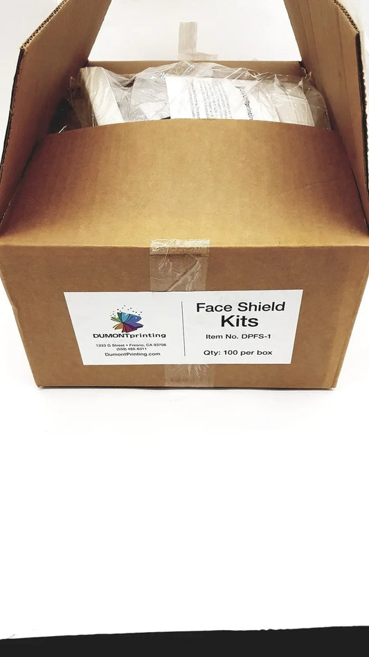Reuse Medical One box of Dumont Printing Adjustable Face Shield Kits FS-1 - Qty 100 Per Box Face Shields, second-hand product photo 1