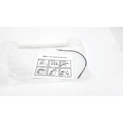 One box of dumont printing adjustable face shield kits with white plastic shield and black elastic band qty 100 per box