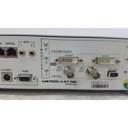 Back side of optronics microcast 3ccd 1080p hd video switcher with white metal chassis and sdi dvi hdmi ports