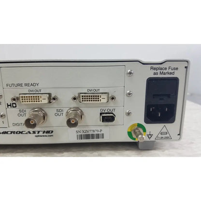 Silver-colored metal optronics microcast 3ccd 1080p hd device back side with dvi sdi and dv video output ports