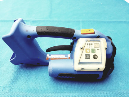 Blue plastic battery operated cordless handheld barcode scanner with black grip and lcd screen for reuse medical equipment