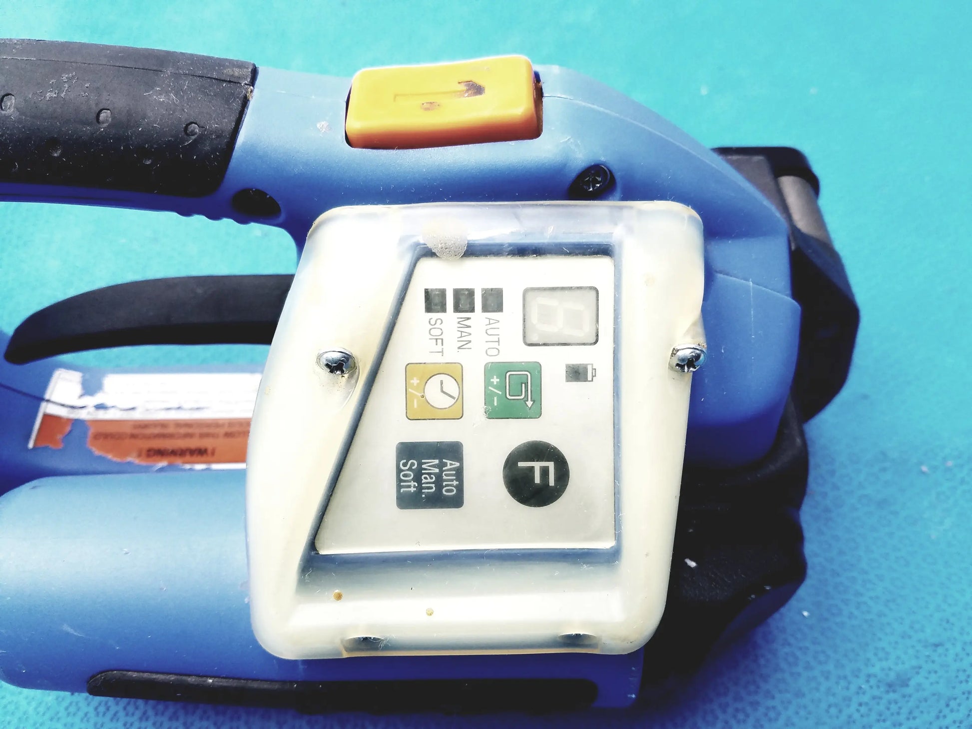 Orgapack or-t 250 blue and black battery operated cordless strapping tool with white control panel for reuse medical equipment