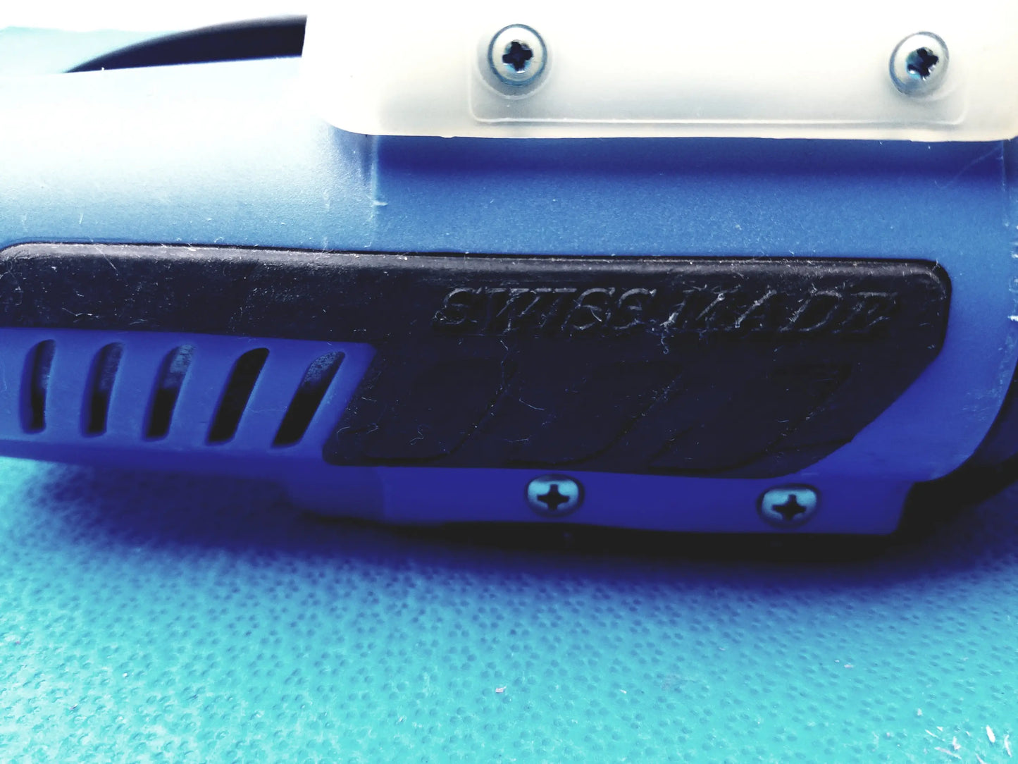 Blue and black plastic orgapack or-t 250 battery operated cordless strapping tool with textured grip for reuse medical equipment