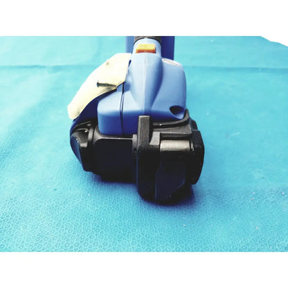 Blue and black handheld battery operated cordless strapping tool with yellow trigger for reuse medical equipment by orgapack