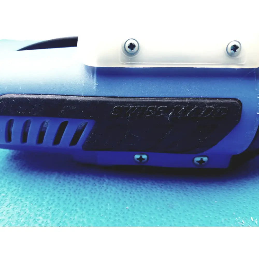Blue and black plastic orgapack or-t 250 battery operated cordless strapping tool with textured grip for reuse medical equipment