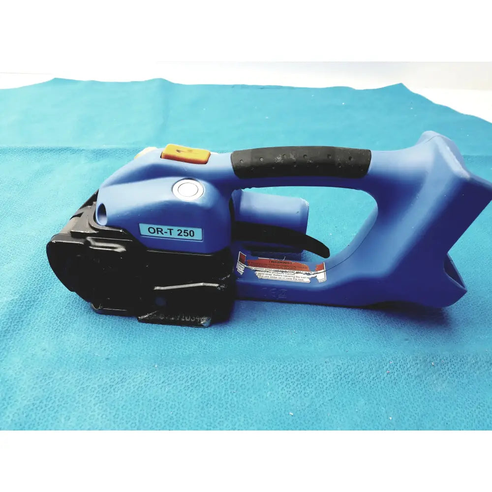 Orgapack OR-T 250 blue and black battery operated cordless electric banding tool with textured grip handle for medical equipment reuse