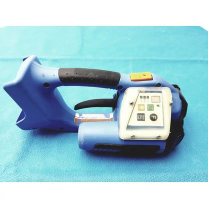 Blue plastic battery operated cordless handheld barcode scanner with black grip and lcd screen for reuse medical equipment