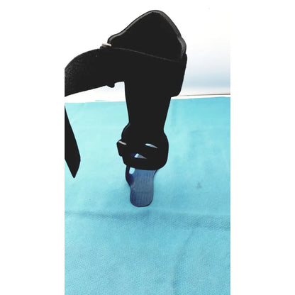 Black orthotic foot drop brace left foot with adjustable straps and blue plastic insert for ankle support
