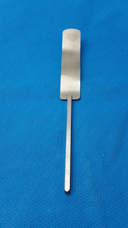 Silver osteotome stainless steel surgical instrument with flat handle and serrated blade for precise bone cutting